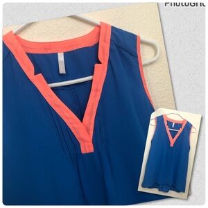 GLOW Blue Orange Sleeveless Blouse Lightweight Sheer See-Through